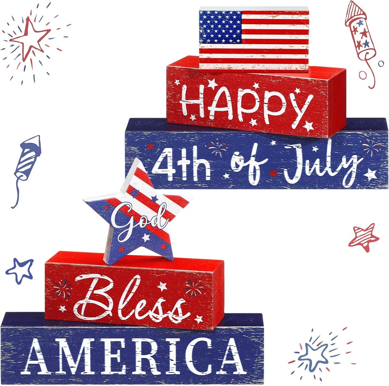 4 Pcs Memorial Day Decorations Patriotic Tiered Tray Tabletop Decor Happy 4th of July and God Bless America Signs Red White Blue Decorations 3 Layered Double Side Wood Blocks for Home Table Shelf